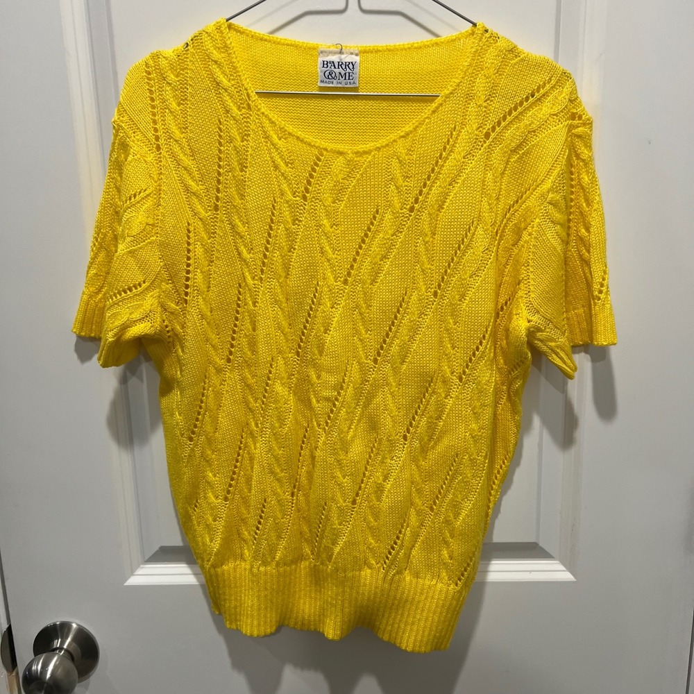 Barry & Me Womens Short Sleeve Sweater Pointelle Cable Knit Yellow Vintage